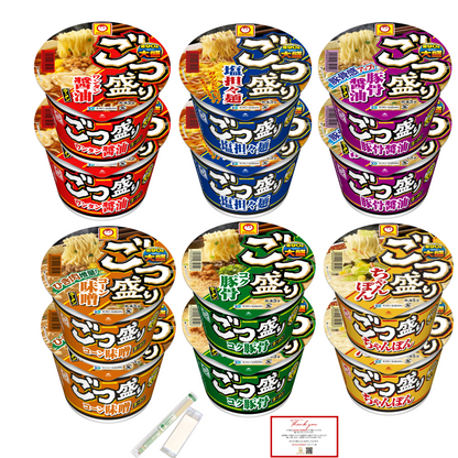 【JAVIET KAISHA】マルちゃん ごつ盛りラーメン 6種12個セット まとめ買い 食べ比べカップラーメン（ ワンタン醤油ラーメン、塩担々麺、豚骨醤油ラーメン, コーン味噌ラーメン, コク豚骨ラーメン、ごつ盛り ちゃんぽん） 感謝シール、お箸とおしぼりが付け