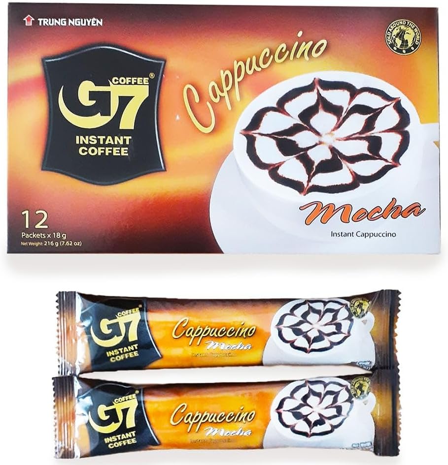 【JAVIET KAISHA】ベトナムの インスタントコーヒーG7 4種まとめ買い「カフェオレ3in1 ボックス 正規品16ｇ×20袋」、 「ブラック コーヒー正規品 1箱15袋入り」、「カプチーノヘーゼルナッツ12スティック」、「カプチーモカ12スティック」JAVICO MARKET感謝カード付き (4種4箱セット, カフェオレ、ブラックコーヒー、カプチーノモカ、カプチーノヘーゼルナッツ)