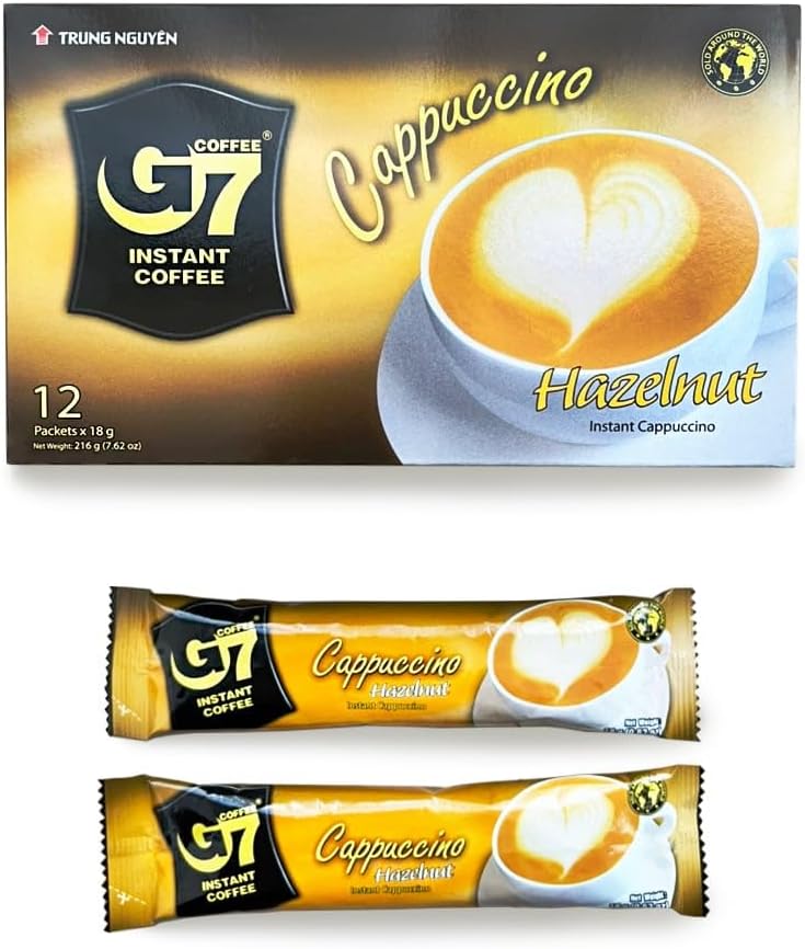【JAVIET KAISHA】ベトナムの インスタントコーヒーG7 4種まとめ買い「カフェオレ3in1 ボックス 正規品16ｇ×20袋」、 「ブラック コーヒー正規品 1箱15袋入り」、「カプチーノヘーゼルナッツ12スティック」、「カプチーモカ12スティック」JAVICO MARKET感謝カード付き (4種4箱セット, カフェオレ、ブラックコーヒー、カプチーノモカ、カプチーノヘーゼルナッツ)
