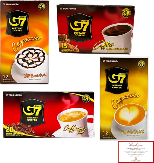 【JAVIET KAISHA】ベトナムの インスタントコーヒーG7 4種まとめ買い「カフェオレ3in1 ボックス 正規品16ｇ×20袋」、 「ブラック コーヒー正規品 1箱15袋入り」、「カプチーノヘーゼルナッツ12スティック」、「カプチーモカ12スティック」JAVICO MARKET感謝カード付き (4種4箱セット, カフェオレ、ブラックコーヒー、カプチーノモカ、カプチーノヘーゼルナッツ)