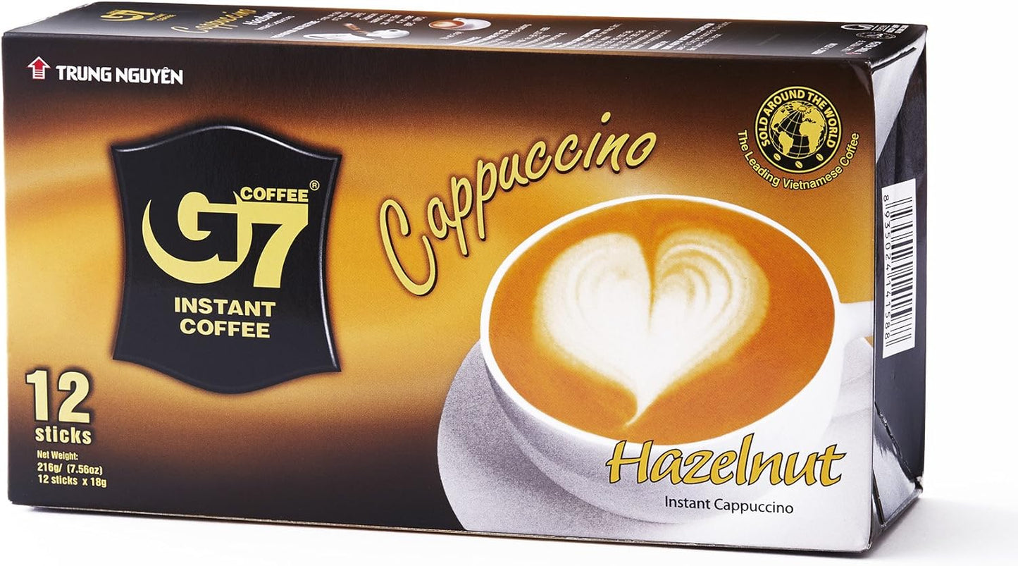 Official Vietnamese G7 Coffee, Cappuccino/Hazelnut Box, Genuine Product, 12 Bottles